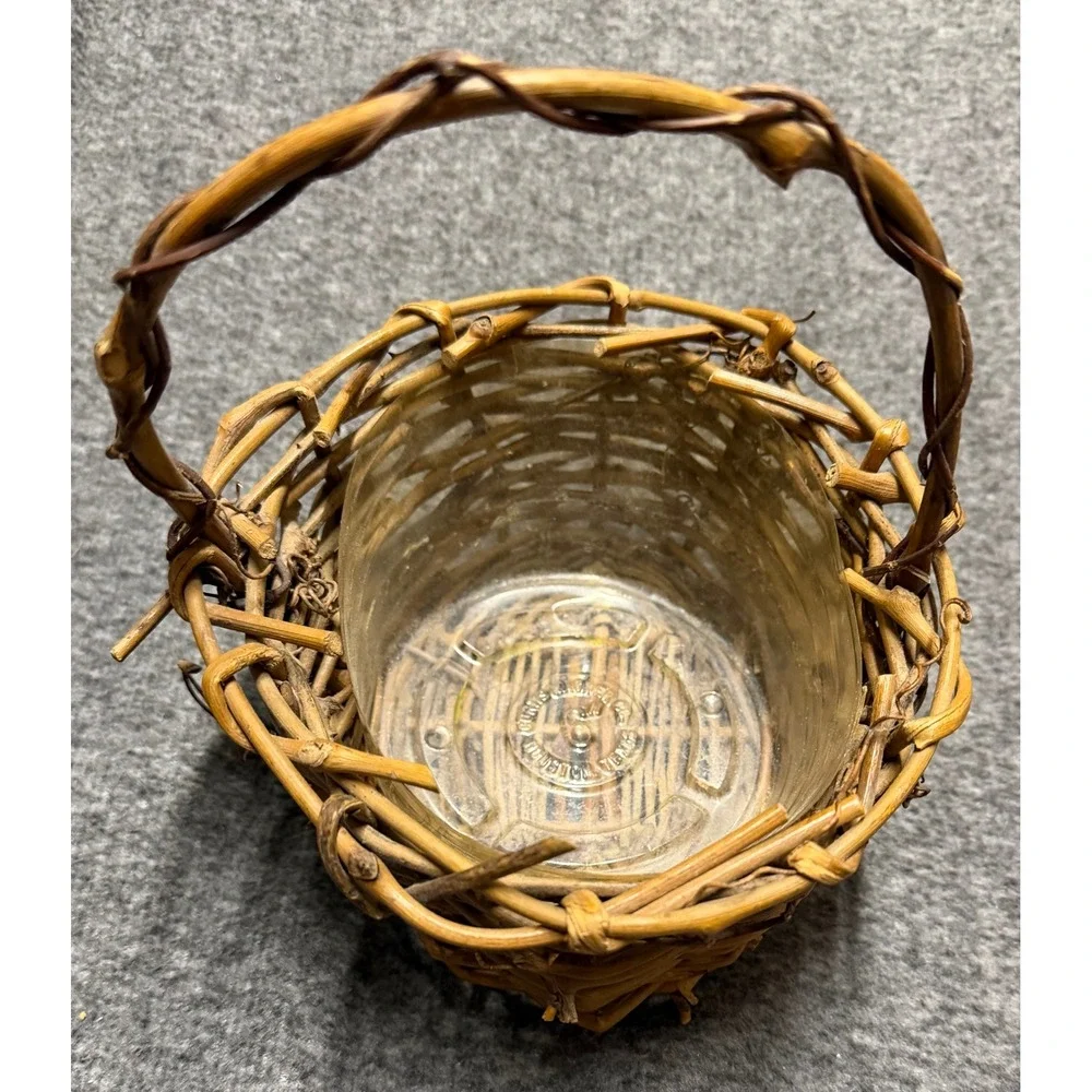 Small Rustic Grapevine Woven Basket w/ Handle and Plastic Liner Brown Farmhouse
